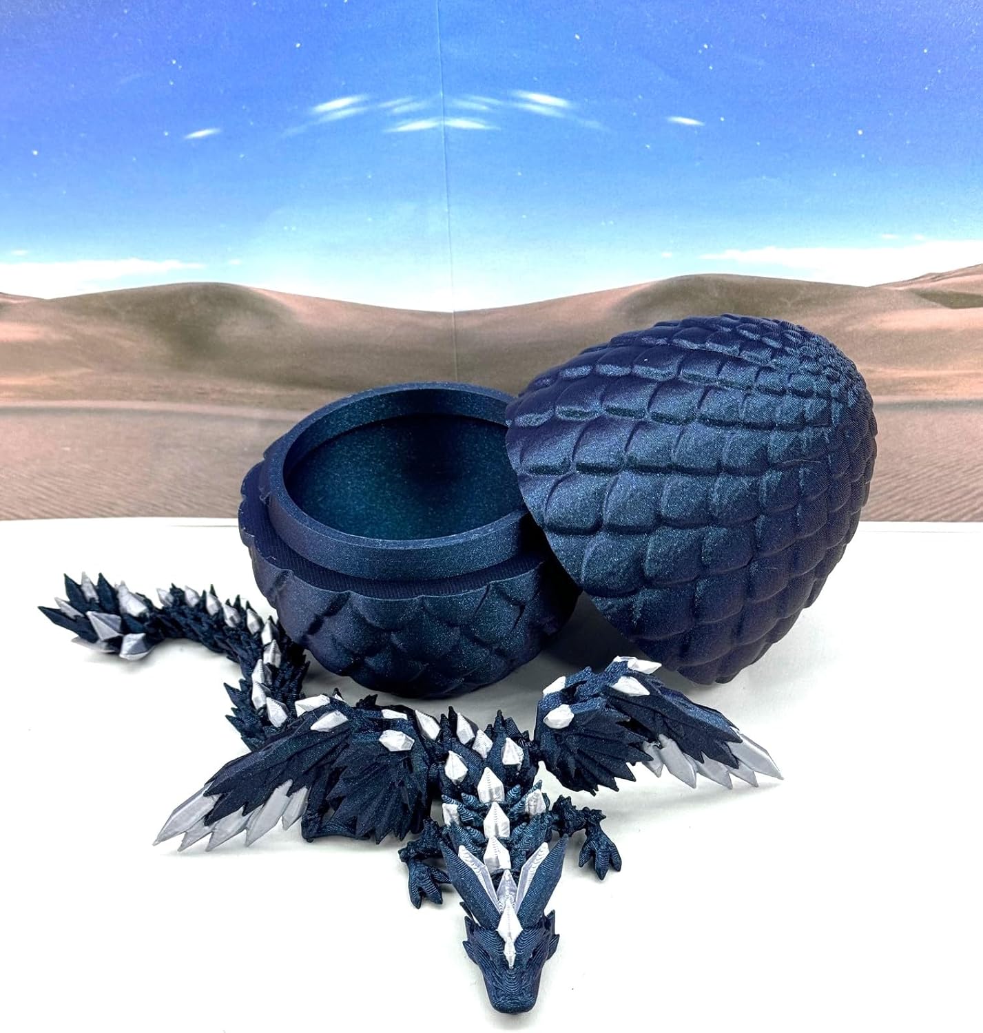 Crystal Winged Dragon with Egg, 3D Printed Articulated Midnight Blue Winged Dragon, Fidget ADHD Autism Toy CW009