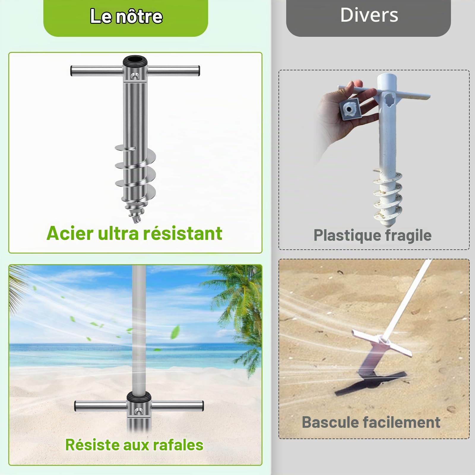 Ancrage de Sable pour Parasol de Plage, ancrage à vis Robuste pour Le Sable, Base Portable au Vent avec 3 Manches, Support entièrement soudé pour poteaux de Parasol d'extérieur de 2,5 cm