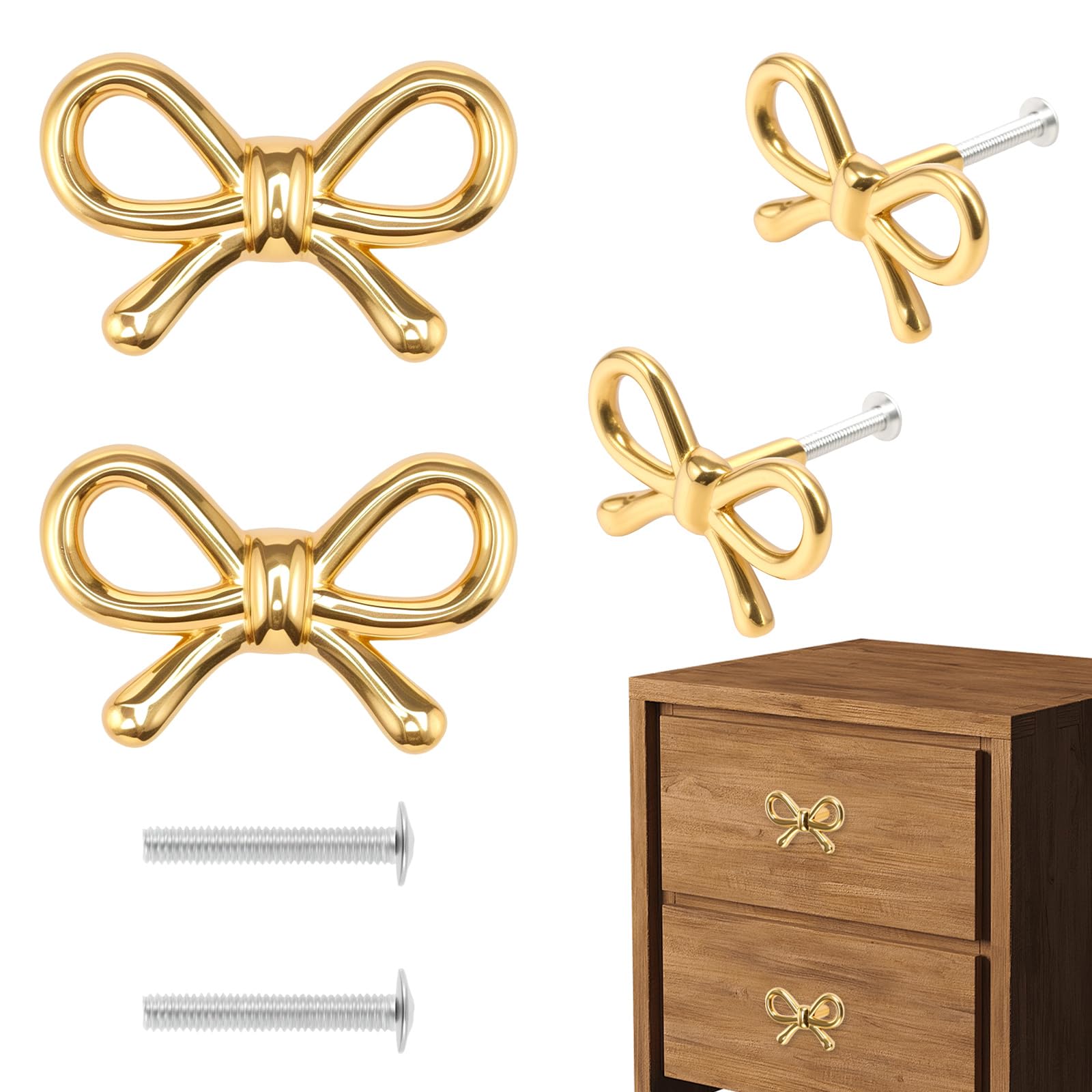 Foppla 4Pcs Drawer Knob,Bow Drawer Knobs,Bows Cabinet Knob, Compact Bow Drawers Pulls,Decorative Bows Cabinets Pulls,Elegant Cabinet Handle For Home(4Pcs)