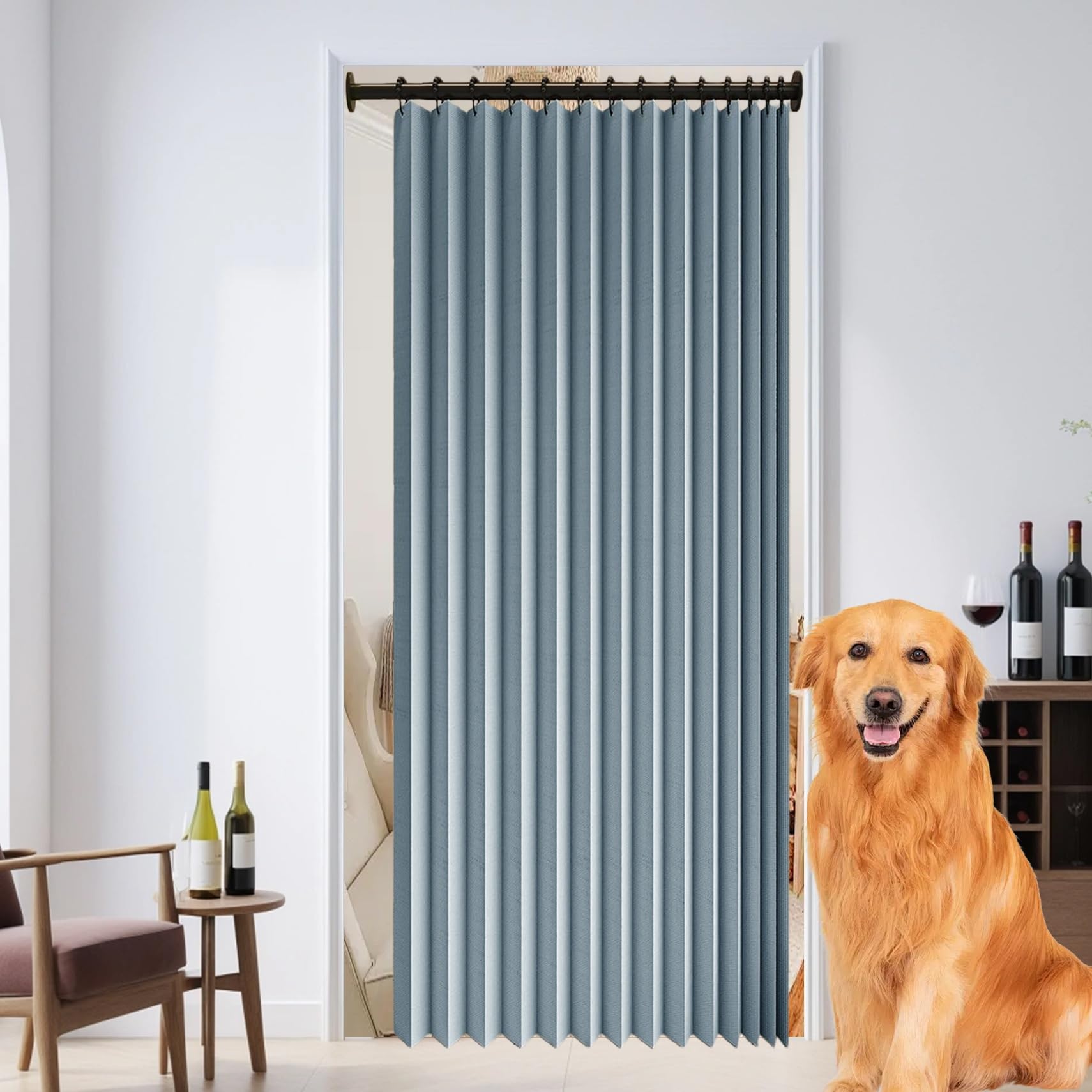 Xueqxue Blue Pleated Folding Door Curtain 143 X 193 Cm Thermal Noise Reducing Dim Out, Sound, Isolate Oil Smoke Hallway Curtain For Space Privacy For Room Bedroom Bathroom Living Room,