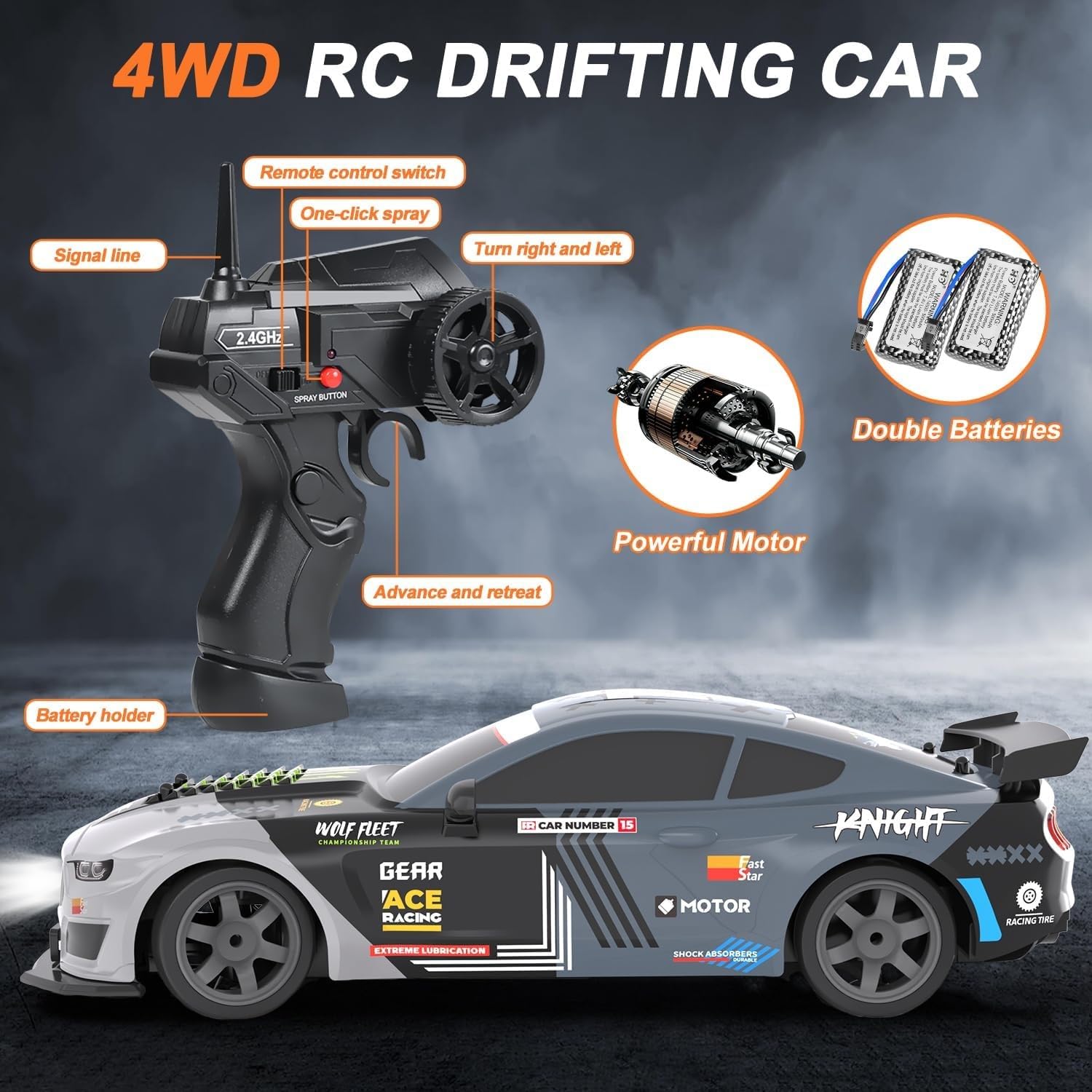Skala 1/24 Rc Drift Car 4wd High Speed Pilot Racing Car Ze światłami Led I Opryskiwaczem, Opony Wyścigowe Do Driftu, Prezent Urodzinowy Dla Chłopców
