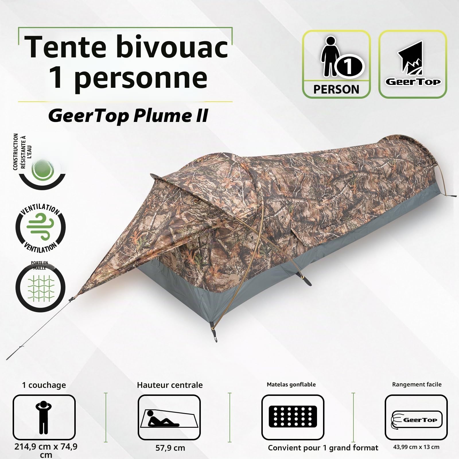 GEERTOP Tente Solo Bivy Tente 1 Personne Imperméable Ultra-Légère pour Camping, Randonnée, Chasse, Survie en Plein Air - Montage Facile