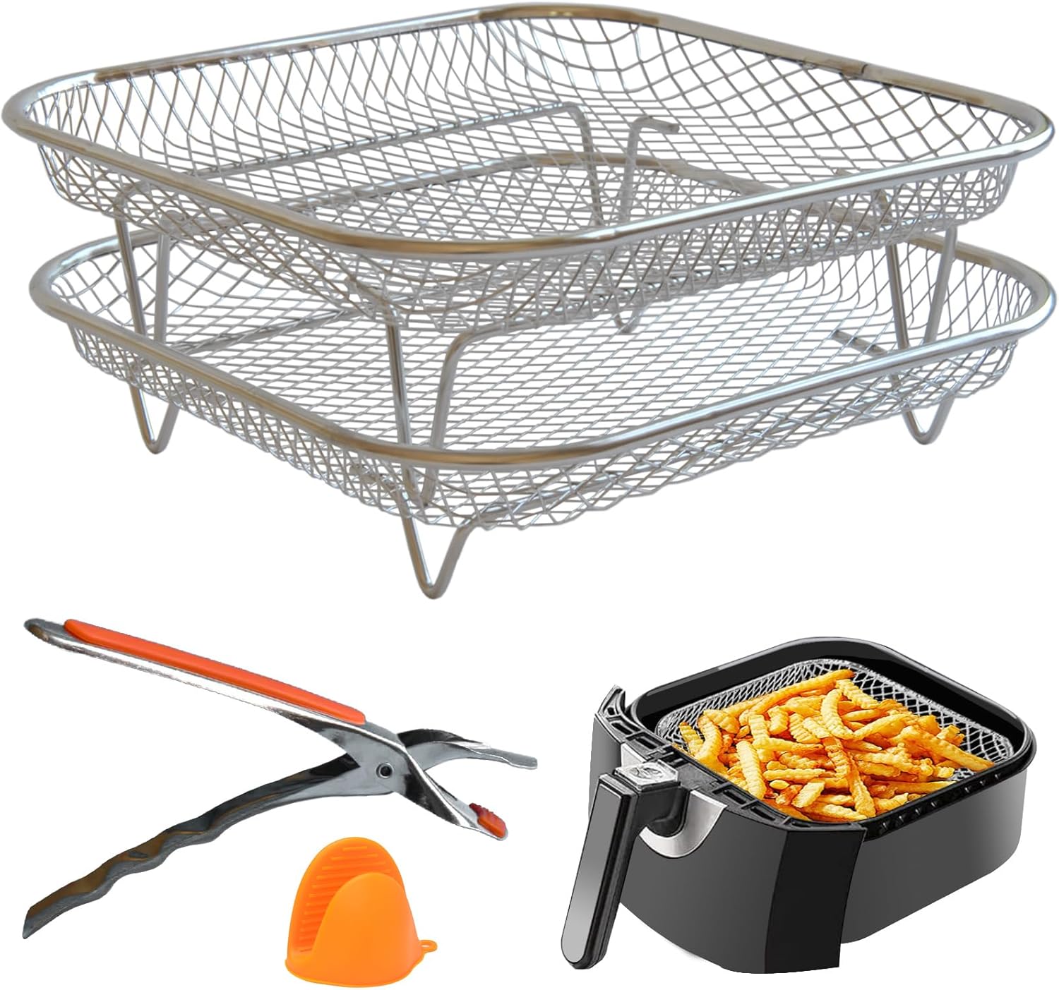 Dual-Layer Air Fryer Rack Set with Elevated and Regular Support Legs. 304 Stainless Steel Mesh Baskets, Square Air Fryer Accessories for Cosori, Instant Vortex, Chefman, Ninja Foodi Grill. Dual-Layer Air Fryer Rack Set with Elevated and Regular Support Legs. 304 Stainless Steel Mesh Baskets, Square Air Fryer Accessories for Cosori, Instant Vortex, Chefman, Ninja Foodi Grill.