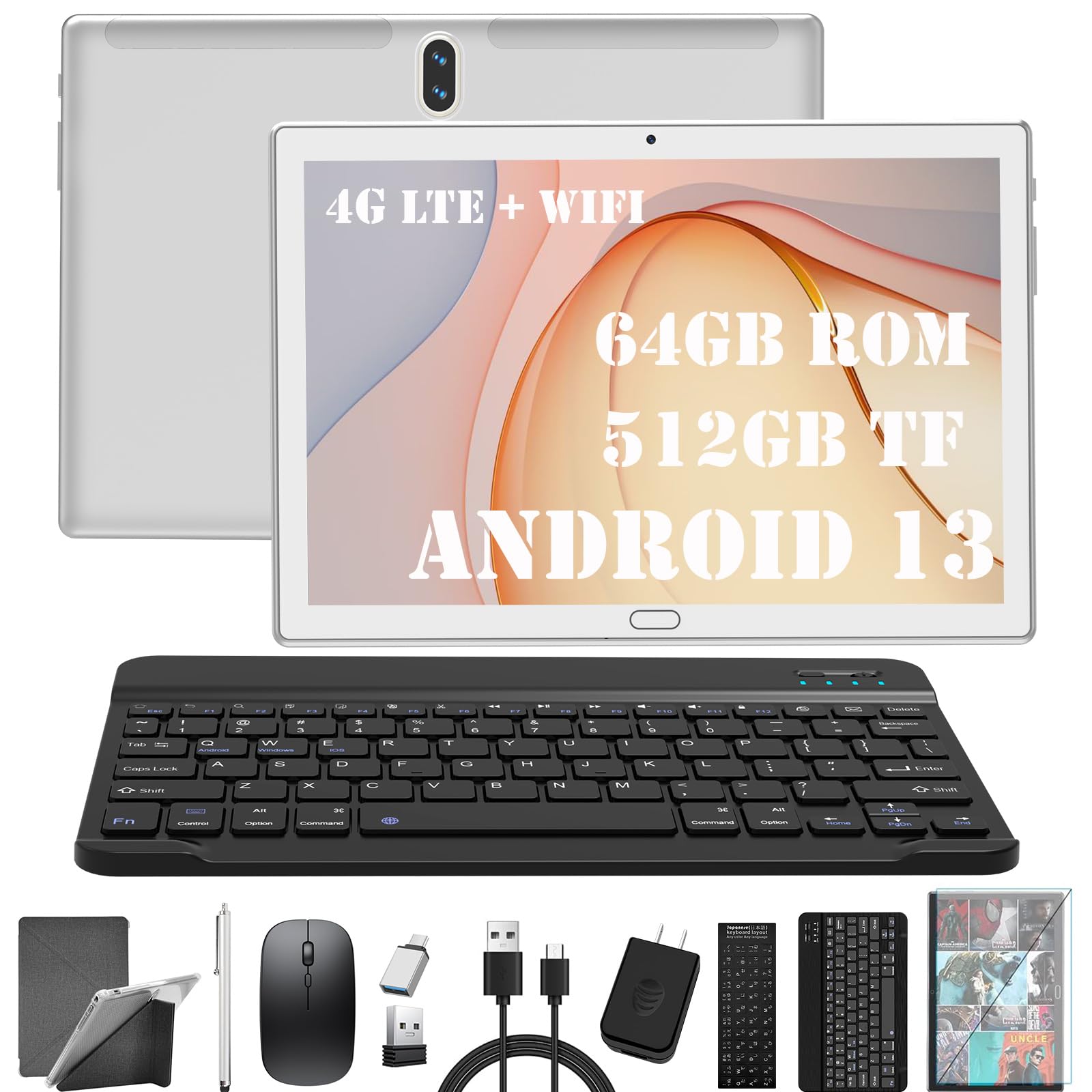 Tablet 10 pollici 4G LTE Tablet con slot SIM 64GB ROM 512GB TF Tablet con tastiera penna e mouse Tablet PC Android 13 Tablet in offerta Octa Core 1080P FHD 6000mAh 13 MP Bluetooth WiFi GPS OTG Type-C