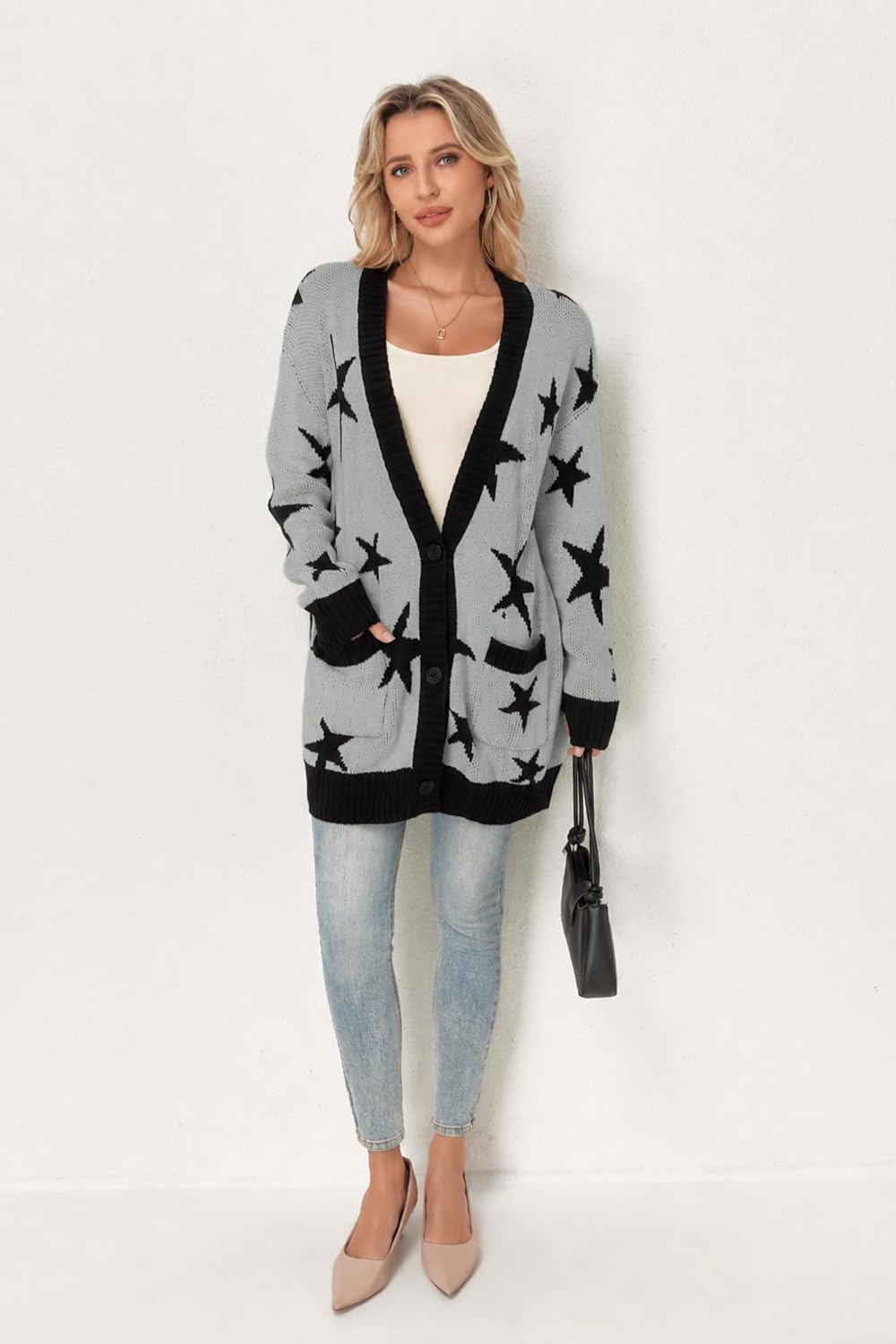 Women's Button Down Open Front Cardigan Star Bow Check Sweaters