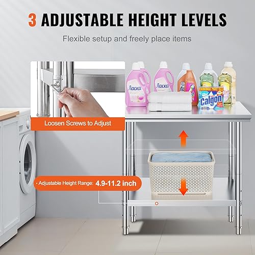 Miniatura 5 de Vevor - Mesa de trabajo de acero inoxidable de 35.433 x 23.622 x 31.496 in y metal resistente con patas ajustables para restaurante, hogar y hotel