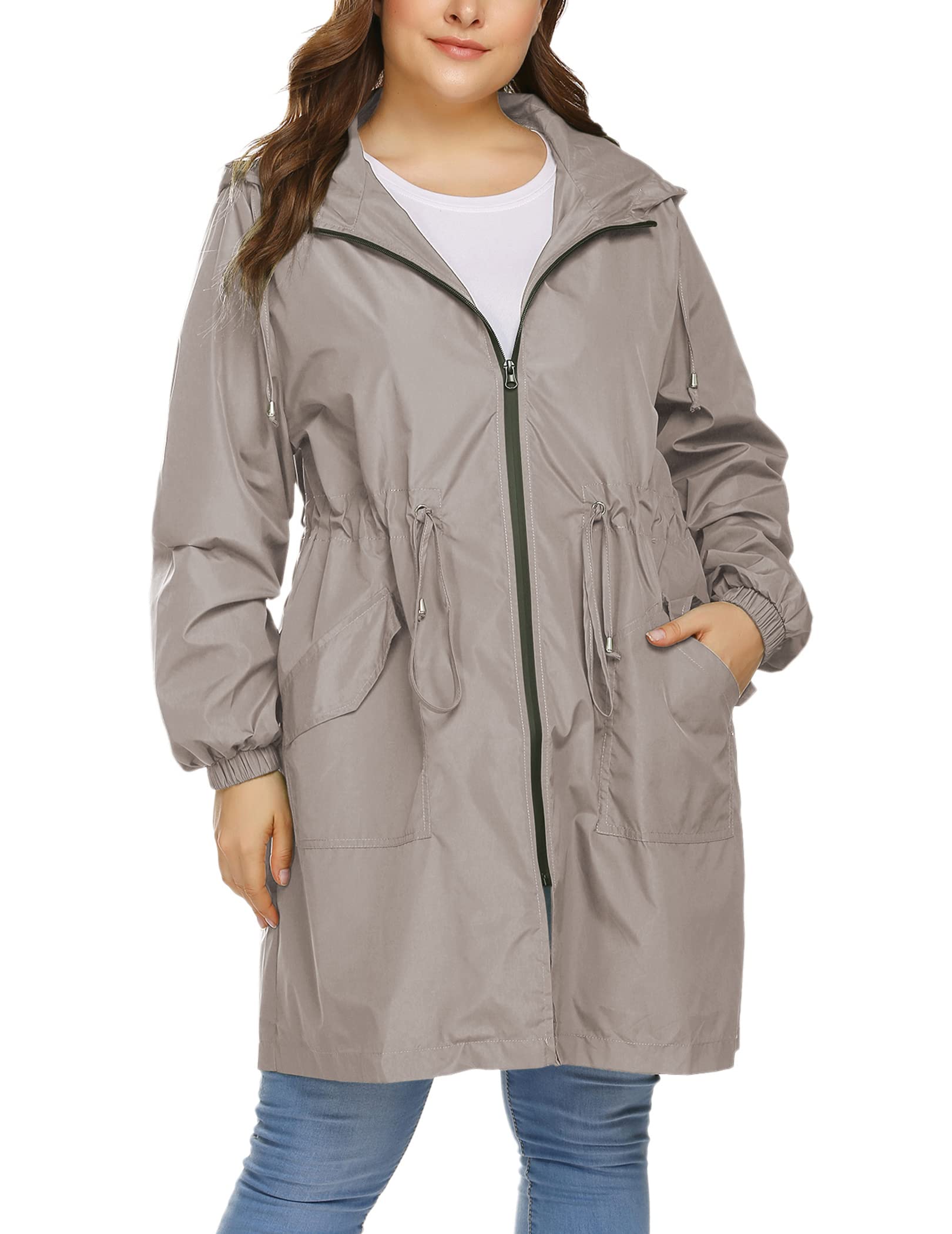 IN'VOLANDIN'VOLAND Women's Rain Jacket Plus Size Long Raincoat Lightweight Hooded Windbreaker Waterproof Jackets with Pockets