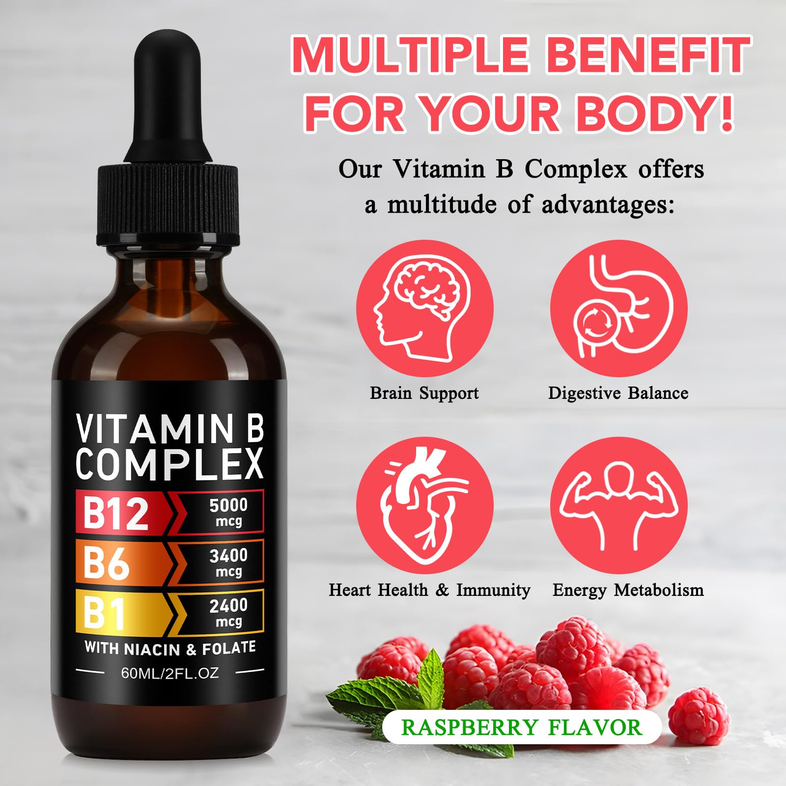 Vitamin B Complex Drops for Men & Women | Vitamin B12 Methylcobalamin, B6, B1, B9 for Metabolic Health Support | Immune Support, Gluten Free - 2 Month Supply 60ML — Amazon image 2