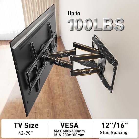Mounting Dream UL Listed TV Wall Mount for Most 42-90 Inch TV, Full Motion, with Swivel and Tilt, TV Bracket with Articulating Dual Arms, Fits 16inch Studs, Max VESA 600X400 mm, 100 lbs,MD2617