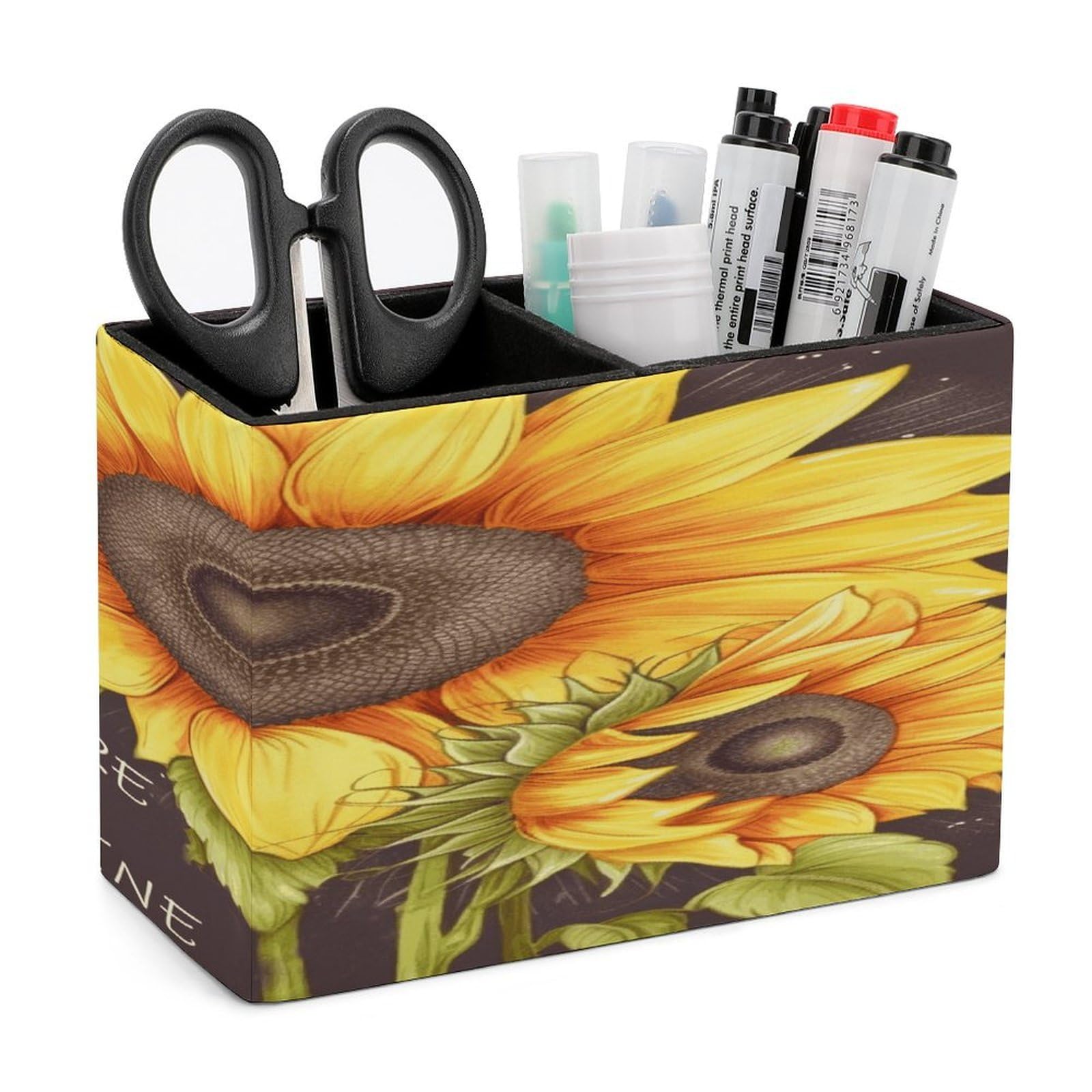 FekiLoot You Are My Sunshine Sunflower Leather Pen Holder for Desk Double Compartments Brush Minimalist PU Leather Pencil Holder Locker Organizer for Work Locker Accessories Pencil Cup for Desk