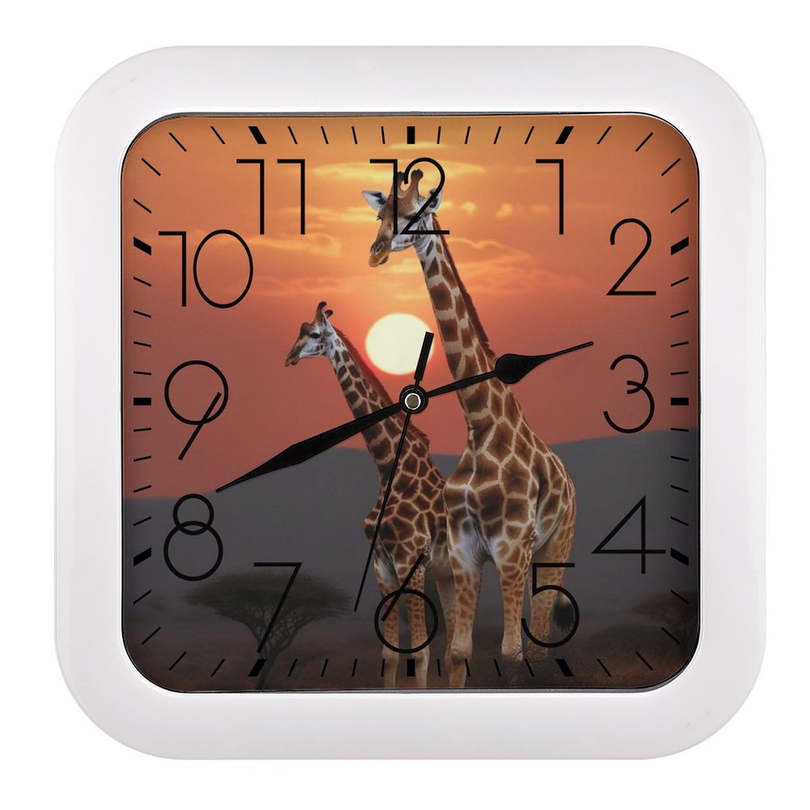 NTVOWPZO 10 Inch Wall Clock Giraffe at Sunset Battery Operated Wall Clocks Silent Non-Ticking Square Wall Clock for Living Room Kitchen Home Office Wall Decorative Clocks