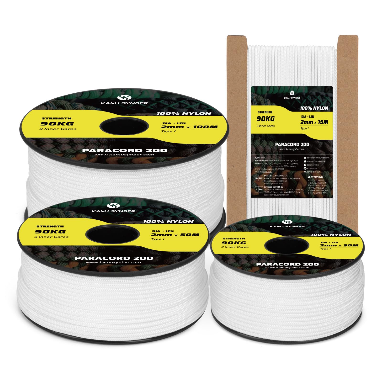 Kamu Synber Paracord 2mm 3 Strands 100M 100% Nylon Rope Type I Parachute Cord for Craft, Outdoor, DIY, Camping | Support 90kg | White