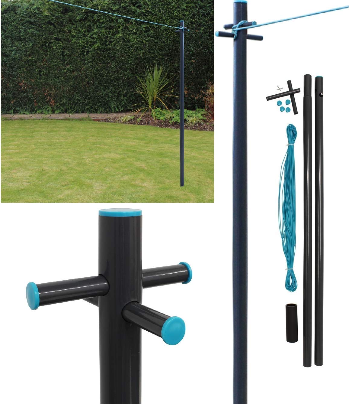 Bargains Hut Black Traditional 2.4M/8Ft Galvanised Clothes Post 30M Pvc Washing Line Pole Laundry Line Dryer With Socket