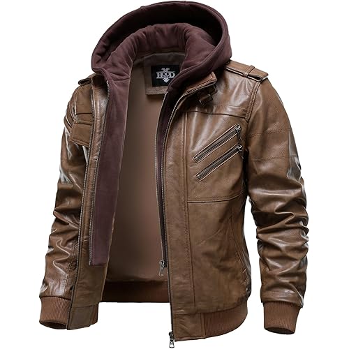 HOOD CREW Men’s Genuine Cowhide Leather Jacket Black Hooded Motorcycle Biker Jacket for Men