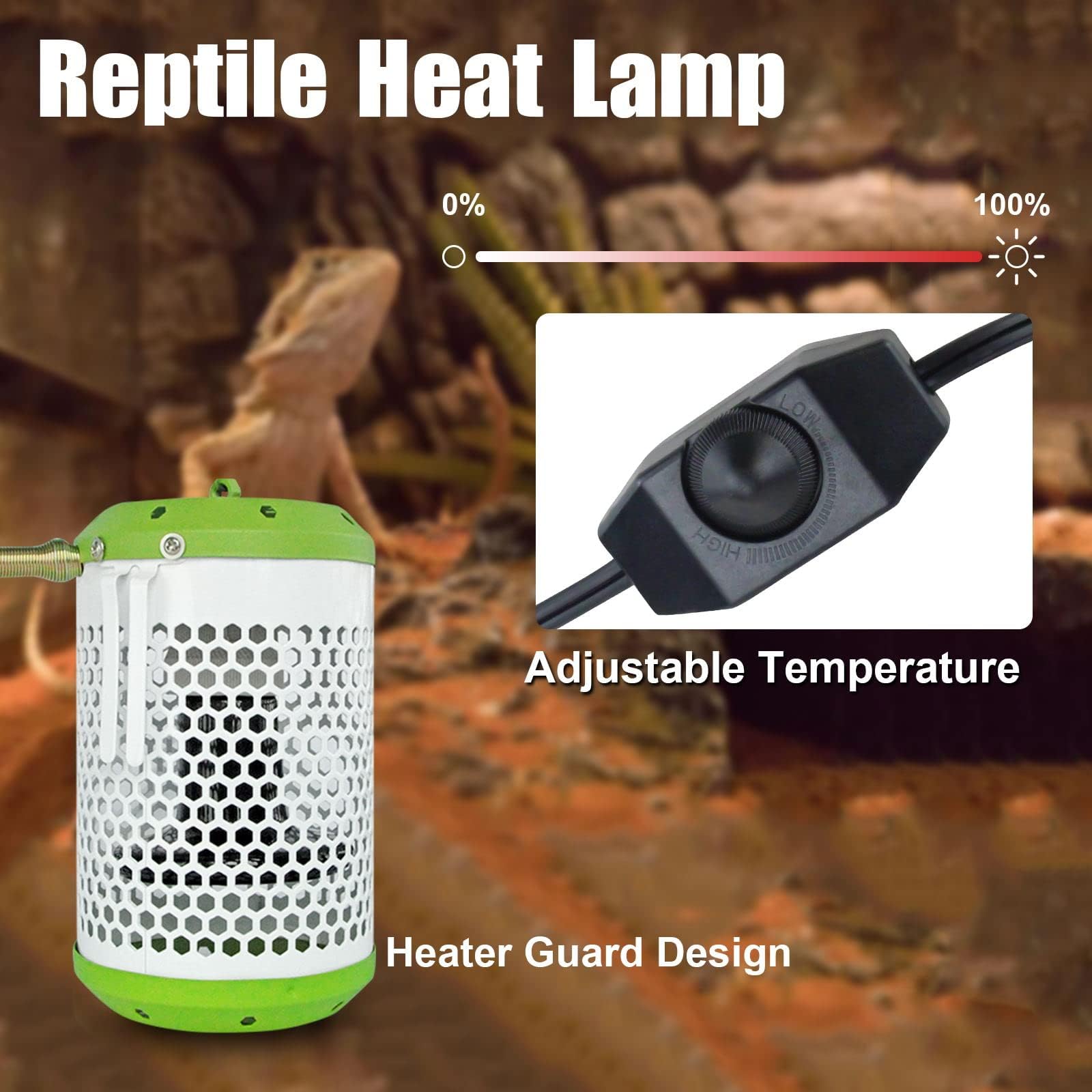 Reptile Heat Lamp with Guard, Ceramic Heat Lamp Bulb with Anti-Scald Lampshade, Adjustable Reptile Ceramic Heat Lamp from 0-100W, for Turtle, Snakes, Lizards, Frogs, Bird, No Light Only Heat (Big) - image 2