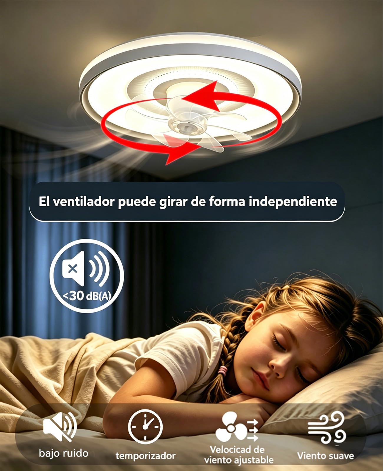 50cm ventilador de techo con luz silencioso cabezal giratorio lampara ventilador techo dormitorio 6 velocidades,3000 K-6500 K regulable mando distancia aplicación para salón, dormitorio la oficina