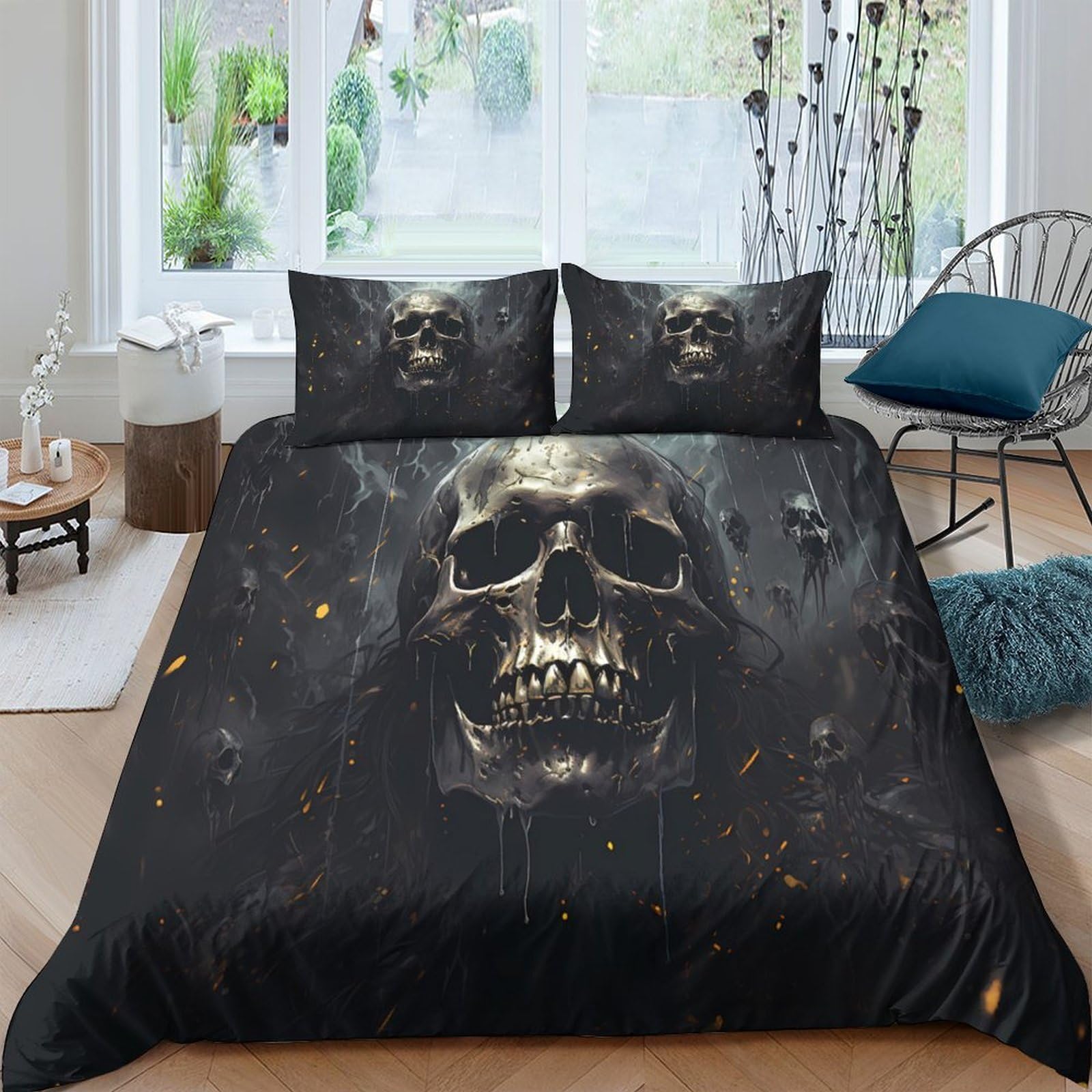 Ctjqhvkz Style-7 3D Printed Dark Skull Fitted Sheet Microfiber Soft Black Gothic Smoke Mattress Cover For Bedroom Dorm Room Decor Single（135X200cm）