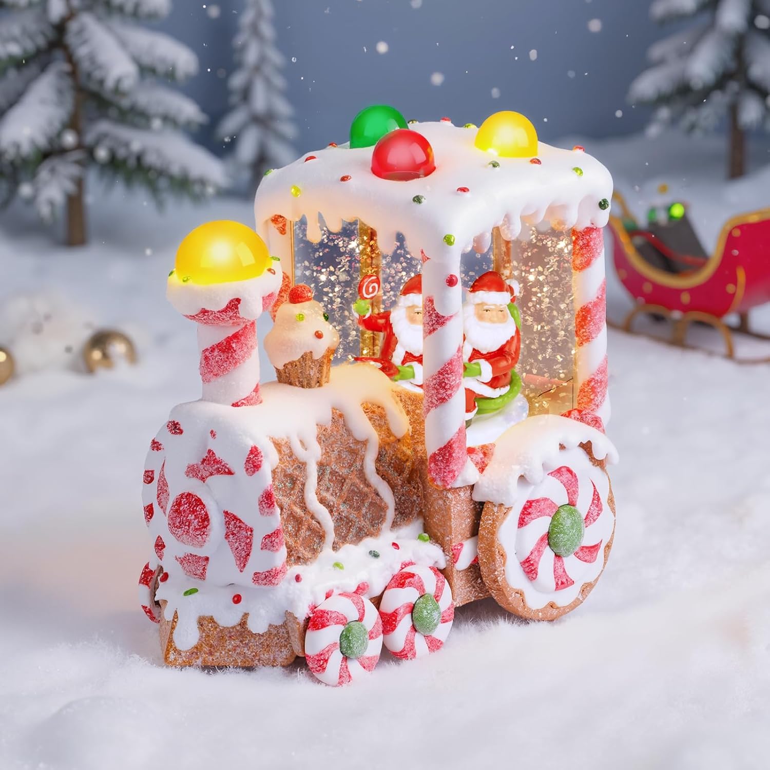 Christmas Snow Globes Lantern, Gingerbread Train Santa Claus Snow Globes with Water Swirling Glitter Effects, 6H Timer Battery Powered Lighted, Christmas Decorations Indoor