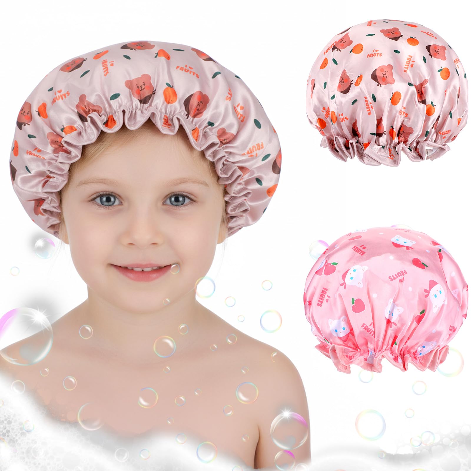 Confezione da 2 cuffie da doccia per bambini, cuffie da doccia impermeabili a doppio strato elastiche per casa, hotel, viaggi, adatte a donne con capelli lunghi (colore A)