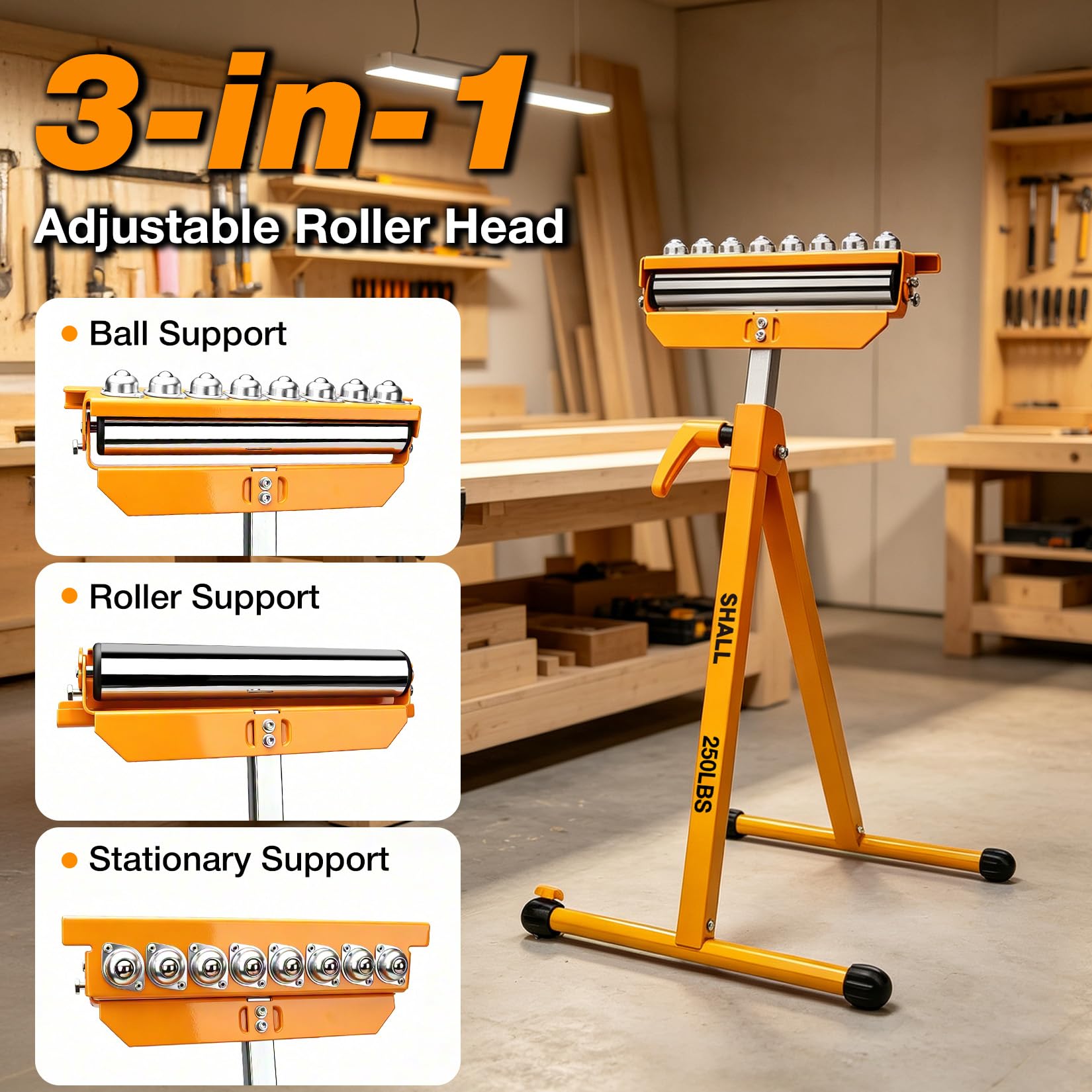 Shall 2er-Set Rollenbock mit 3-in-1 verstellbarem Kopf, höhenverstellbar (70,6–109 cm), bis 113 kg belastbar, ideal für Tischkreissäge, Kappsäge & Holzbearbeitung