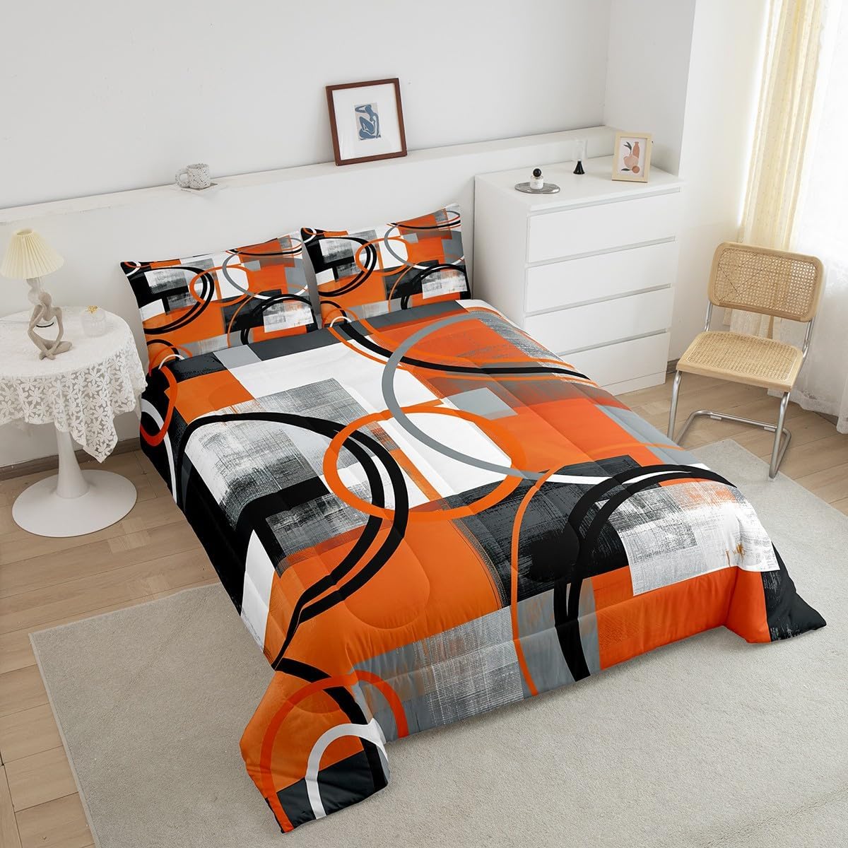 Feelyou Abstract Bedding Set Orange Grey White Buffalo Check Comforter Set Geometric Comforter for Women Men Room Decor Geometric Modern Circle Duvet Set King Size with 2 Pillow Case