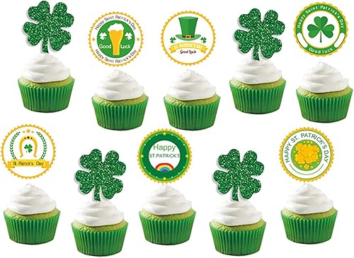 12 piezas de decoración para cupcakes del día de San Patricio, trébol, bandera irlandesa, aperitivos de la suerte, palillos de dientes, decoración