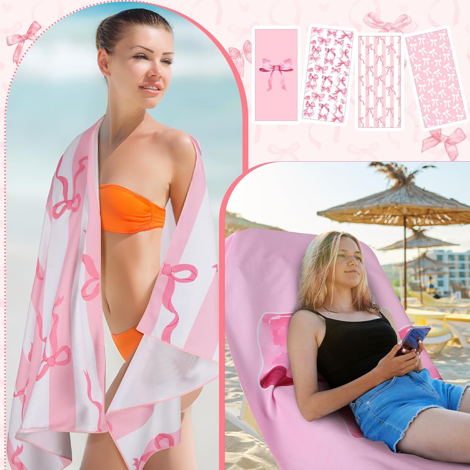 Haull 4 Pack Coquette Pink Bow Microfiber Beach Towel 75'' x 35'' Soft Oversized Bow Pool Bath Towels Absorbent Quick Dry Camping for Bathroom Gym Yoga, Pink Gifts for Girls Lady