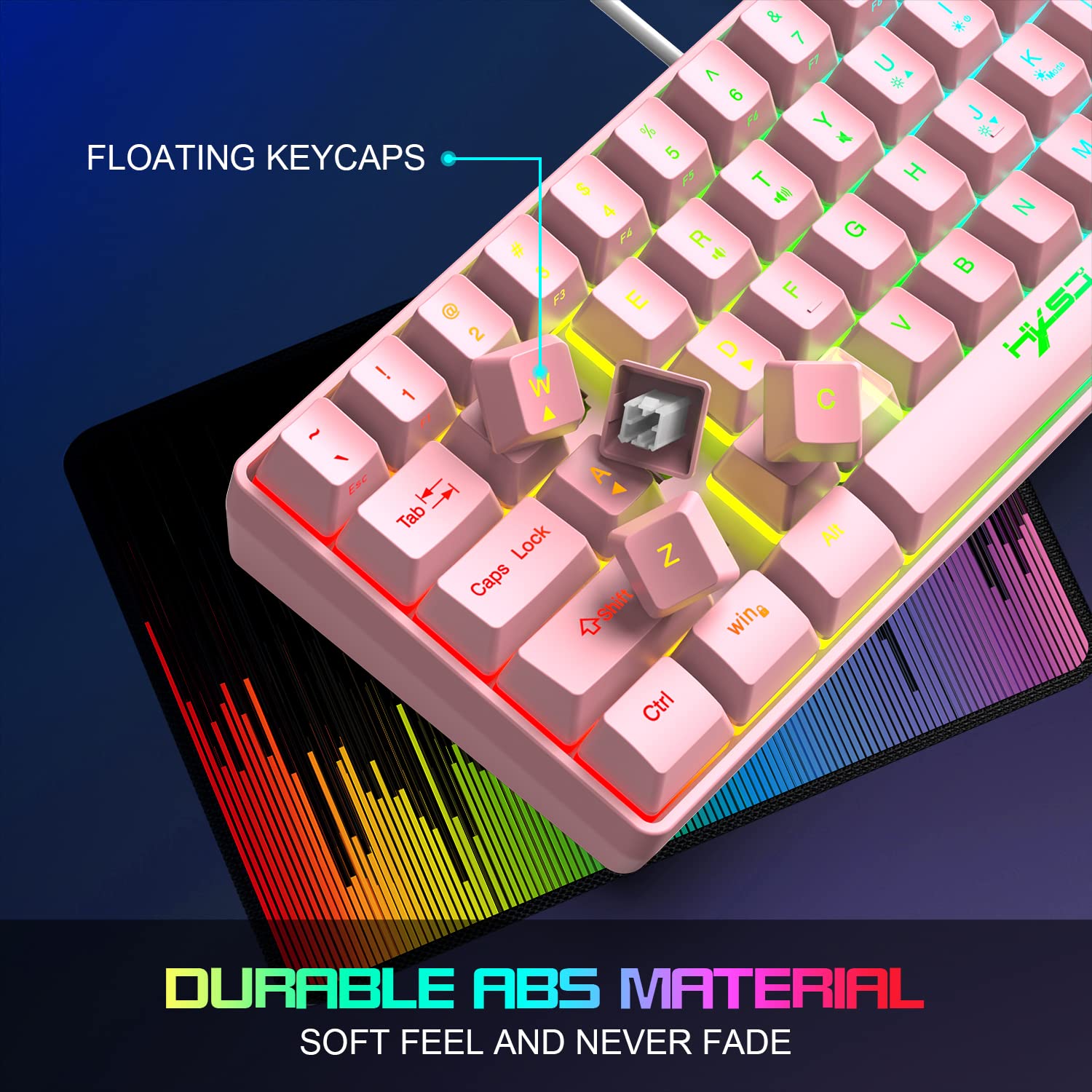 HXSJ V700 Teclado y Ratón para Juegos,Teclado para Juegos 60%,US Layout,Diseño Compacto de 61 Teclas,Retroiluminación RGB,Ratón con Sensor óptico,Luz LED de Colores,hasta 3600 dpi,para PC,Mac -Rosa