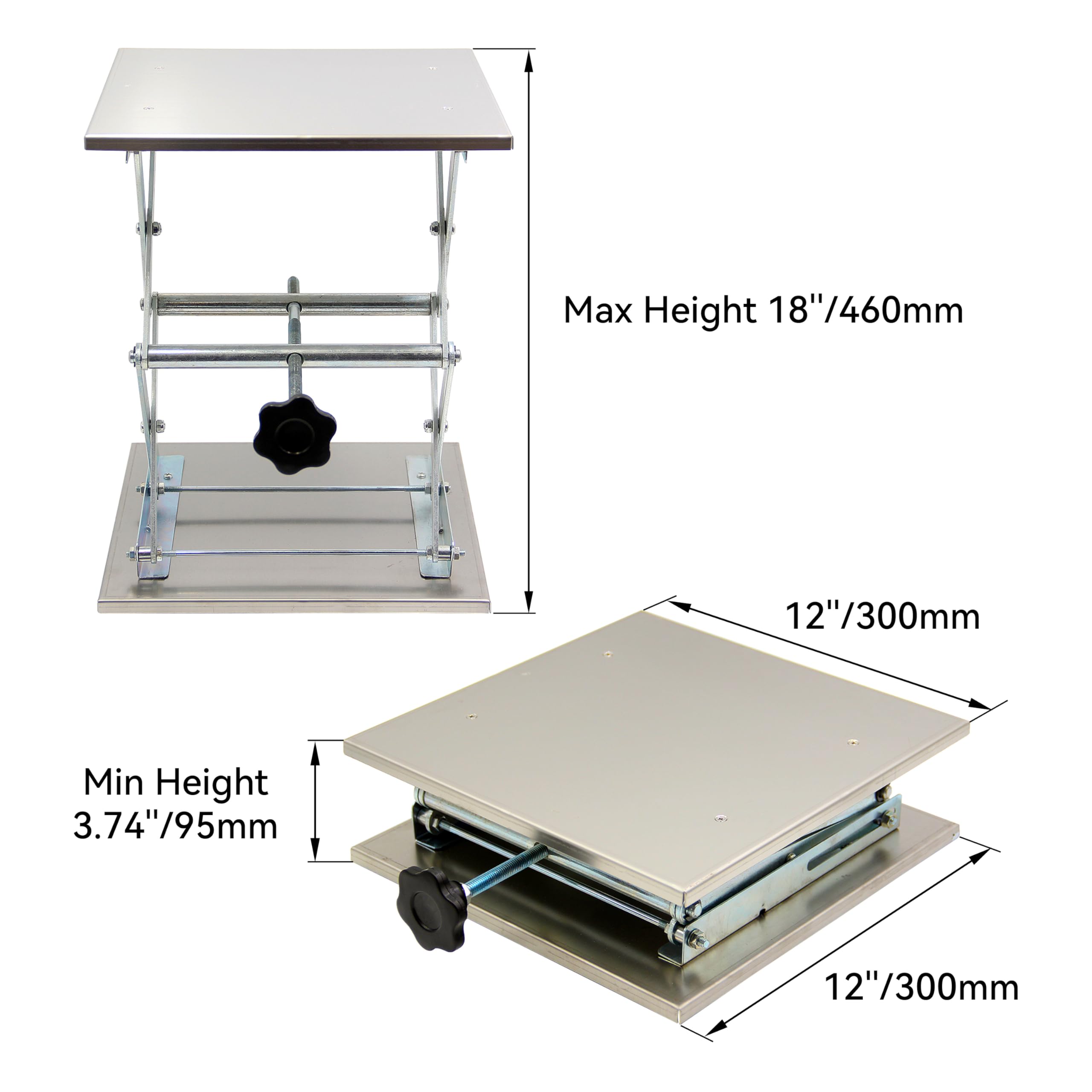 HFS (R) Placa 12 x 12 cm; Altura total 15 cm; Carga máxima:Plataforma con Gato de Tijera para Laboratorio LAB, 30 Kg
