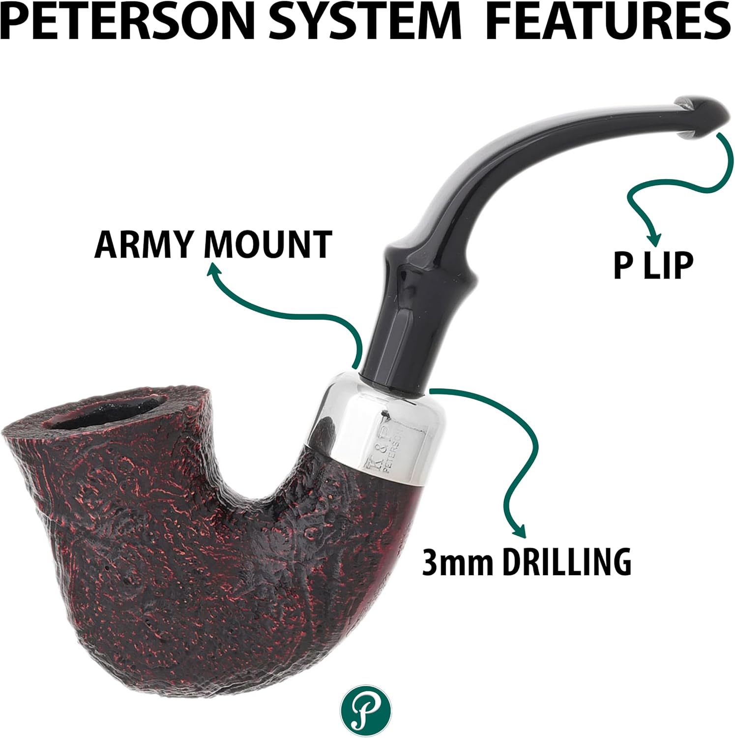 Peterson Pipes System Series Handmade in Ireland Mediterranean Briar Wood Pipe - Vintage Design, Standard P-Lip, Bent Dublin XL315, 3mm