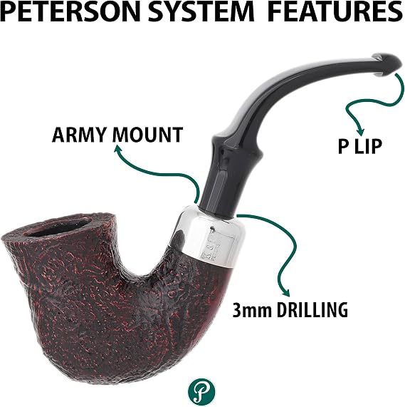 Peterson Pipes System Series Handmade in Ireland Mediterranean Briar Wood Pipe - Vintage Design, Standard P-Lip, Bent Dublin XL315, 3mm (Sand Blast)