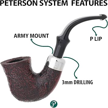 Peterson Pipes System Series Handmade in Ireland Mediterranean Briar Wood Pipe - Vintage Design, Standard P-Lip, Bent Dublin XL315, 3mm (Sand Blast)