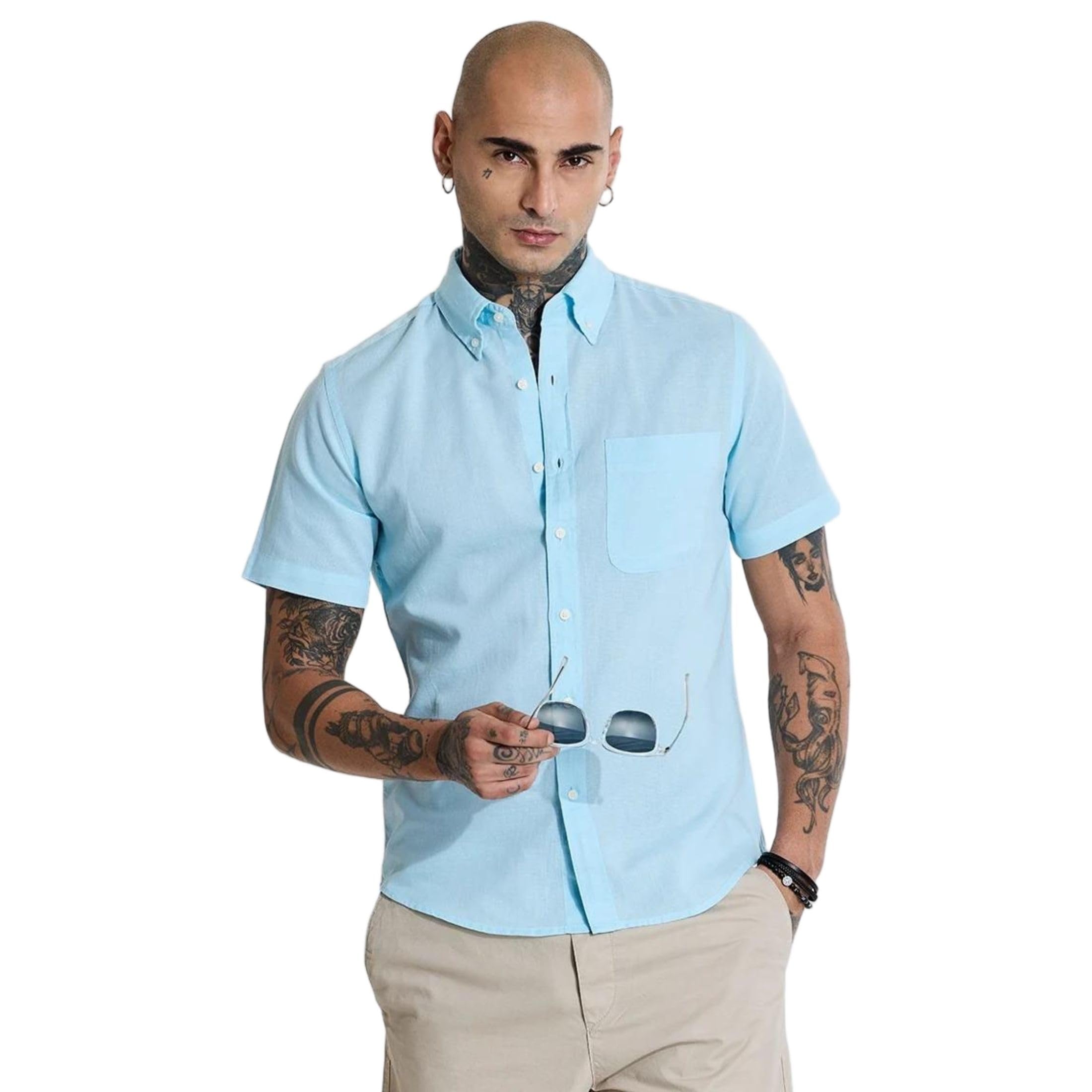 SNITCH Men's Shirts | Long Sleeve Button Down Collar | 100% Cotton Casual Shirt with Relaxed Fit & Two Patch Pockets in neutral