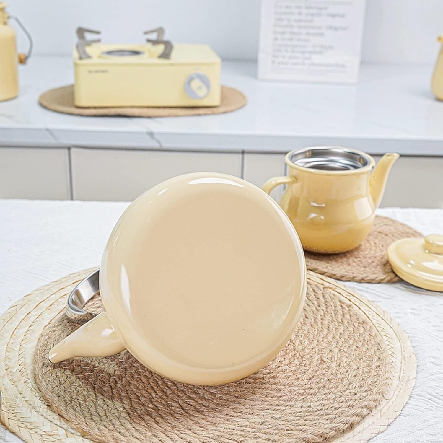 Cute Yellow Enamel Teapot - 1.7 Quart Vintage Kettle for All Stove Types, Perfect for Coffee, Tea, and Camping