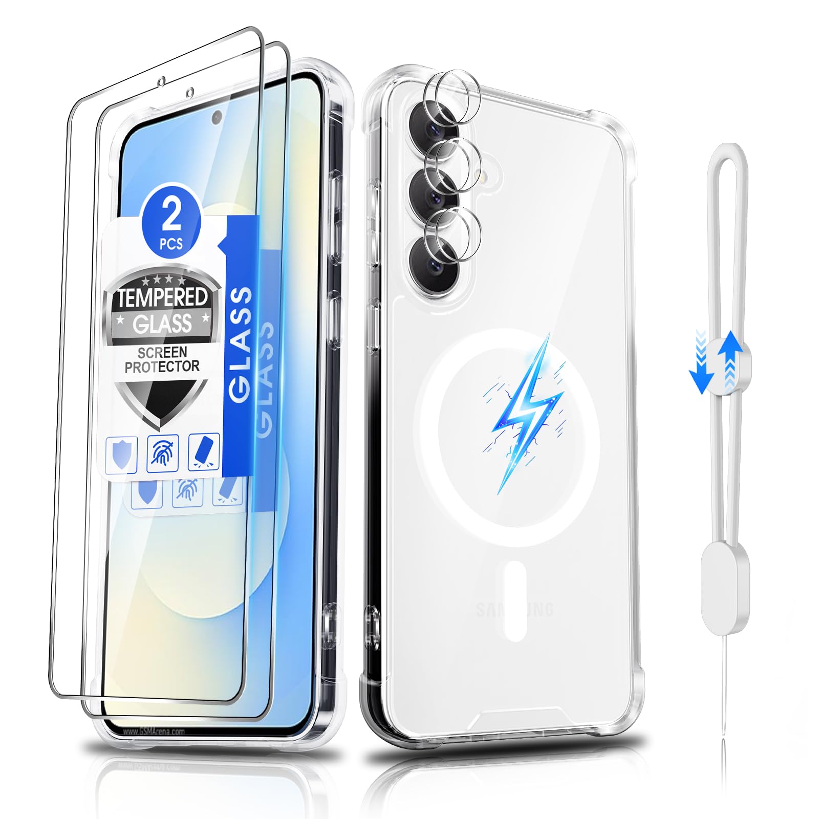 Dizn for Samsung Galaxy S25 FE Phone Crystal Case: [Not Fit S25/S25+],2 Tempered Glass &amp; 2 Camera Lens Protectors,[Antil-Yellow],Compatible with Magsafe,with Strap,Shockproof Magnetic Case S25FE,Clear