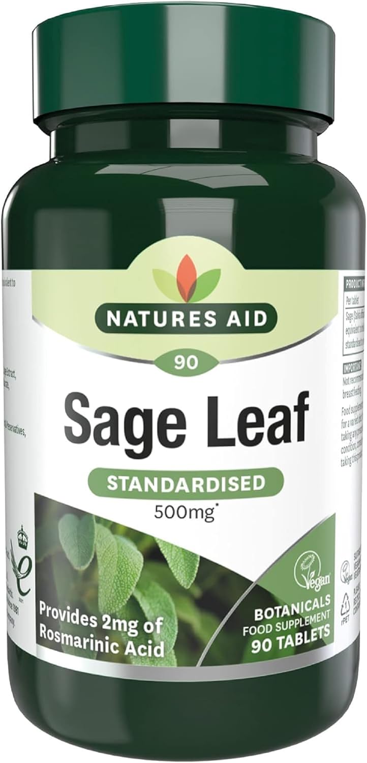 Natures Aid Sage Leaf – 90 Tablets – High Strength 500mg Supplement for Women – Thought to help with Perimenopause Menopause Support Night Sweats Vegan Vegetarian Gluten Free Not Gummies Capsules
