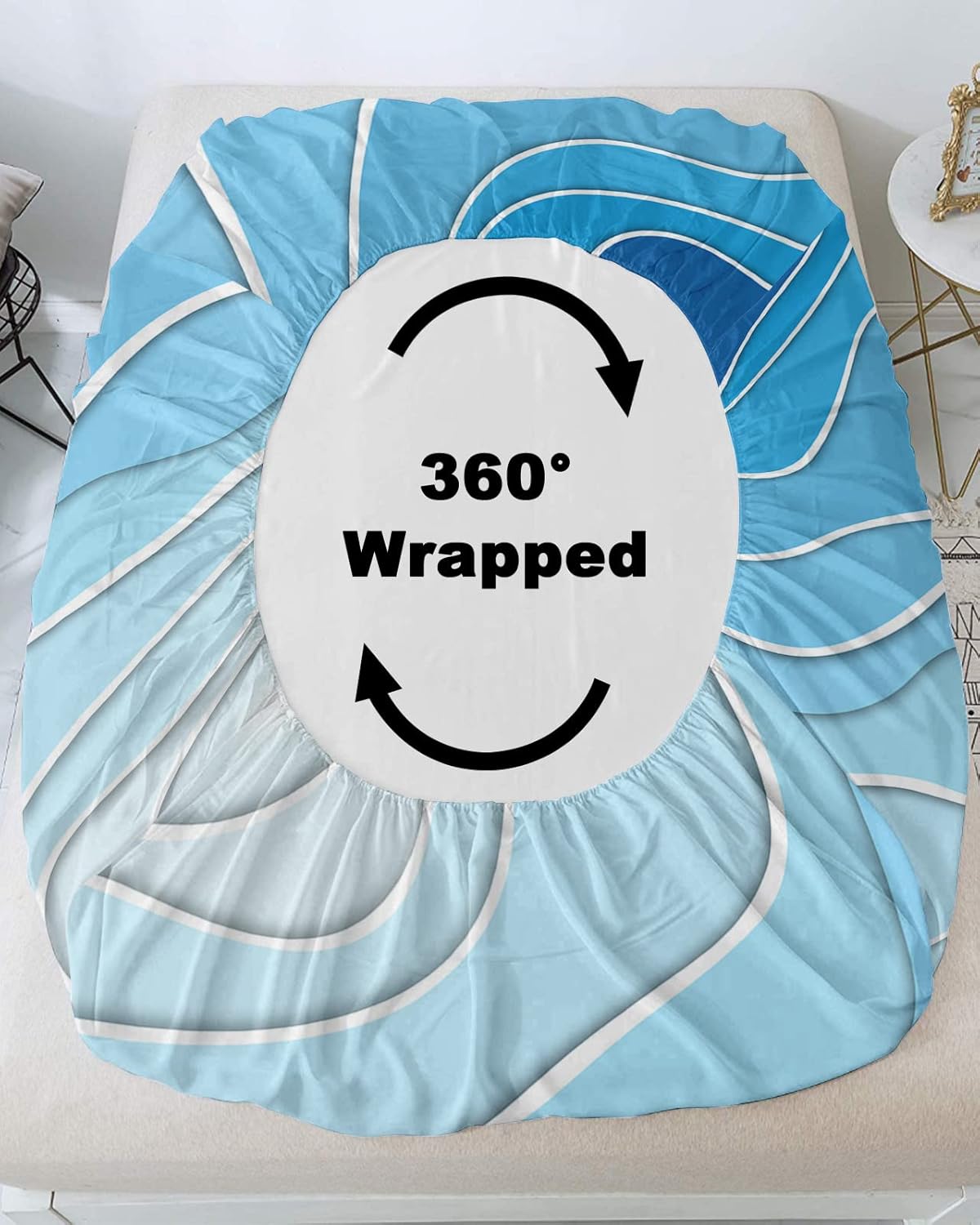 Abstract Geometric Wavy Lines Minimalist Fitted Bed Sheets Full Fit 5-16inch Deep Pockets,Luxury Bottom Sheet Bedding Set with Pillow Case,Gradient Blue White Modern Art Fitted Sheet for Mattress