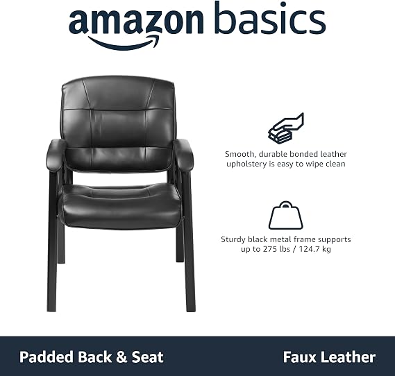 Amazon Basics Classic Faux Leather Office Desk Chair with Armrests, Metal Frame, Black, 27.4D x 23.6W x 35.8H in