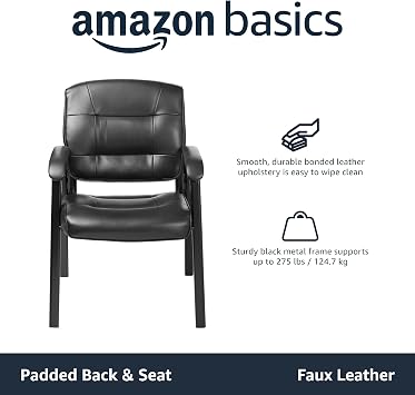 Amazon Basics Classic Faux Leather Office Desk Chair with Armrests, Metal Frame, Black, 27.4D x 23.6W x 35.8H in