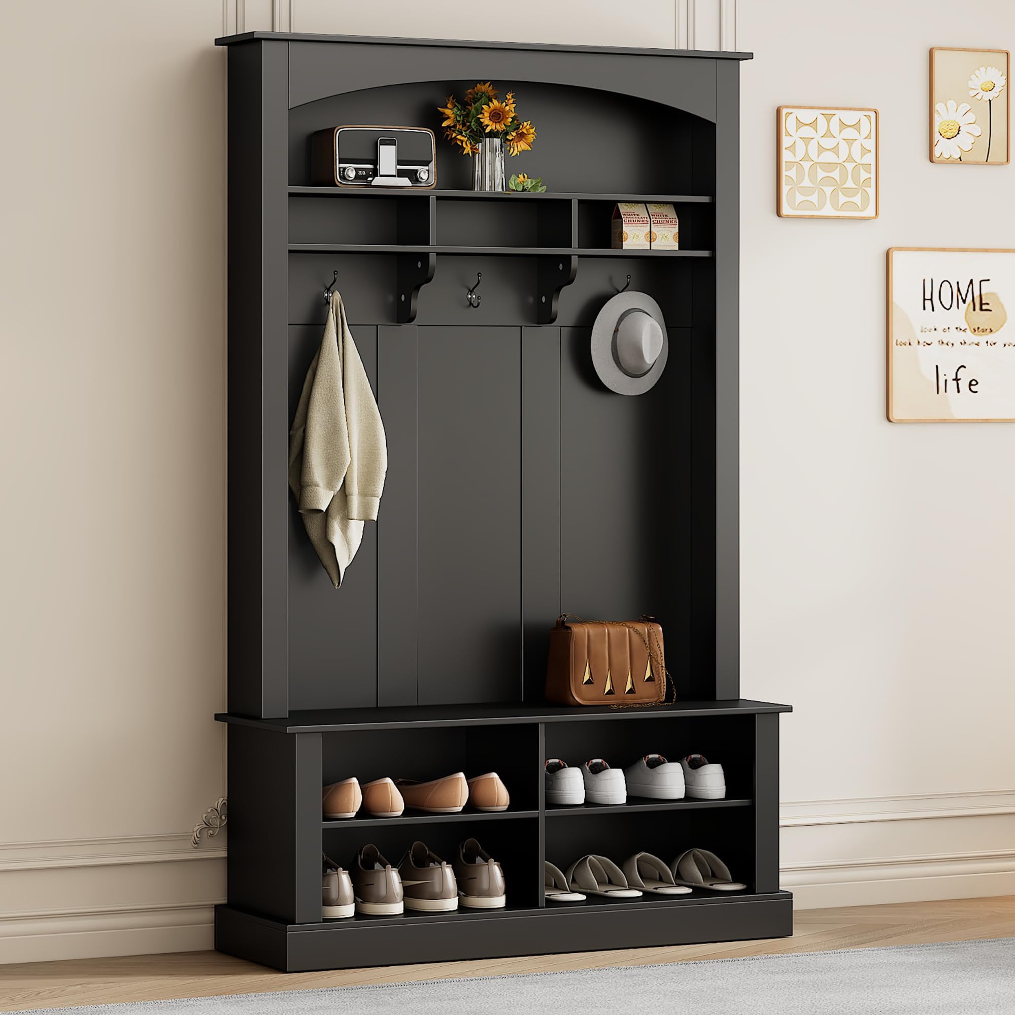 Merax 47.2'' Farmhouse Wood Hall Tree with Bench and Shoe Storage, Multi-Functional Coat Rack with 3 Hooks for Entrance, Hallway Black