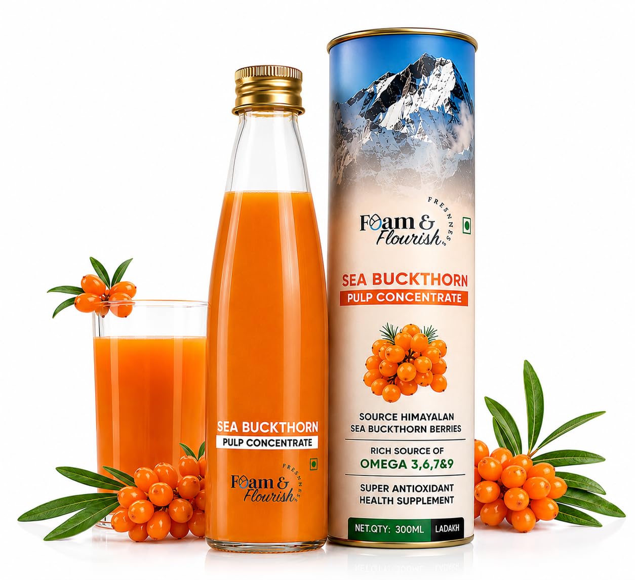 Foam & Flourish Sea Buckthorn Pulp Concentrate | Himalayan Cold Pressed Pulp | Natural Source of Vitamin C + Omega 3, 6, 7 & 9 | Skin Glow, Immunity & Digestive Health Support | 300ml-picture-27