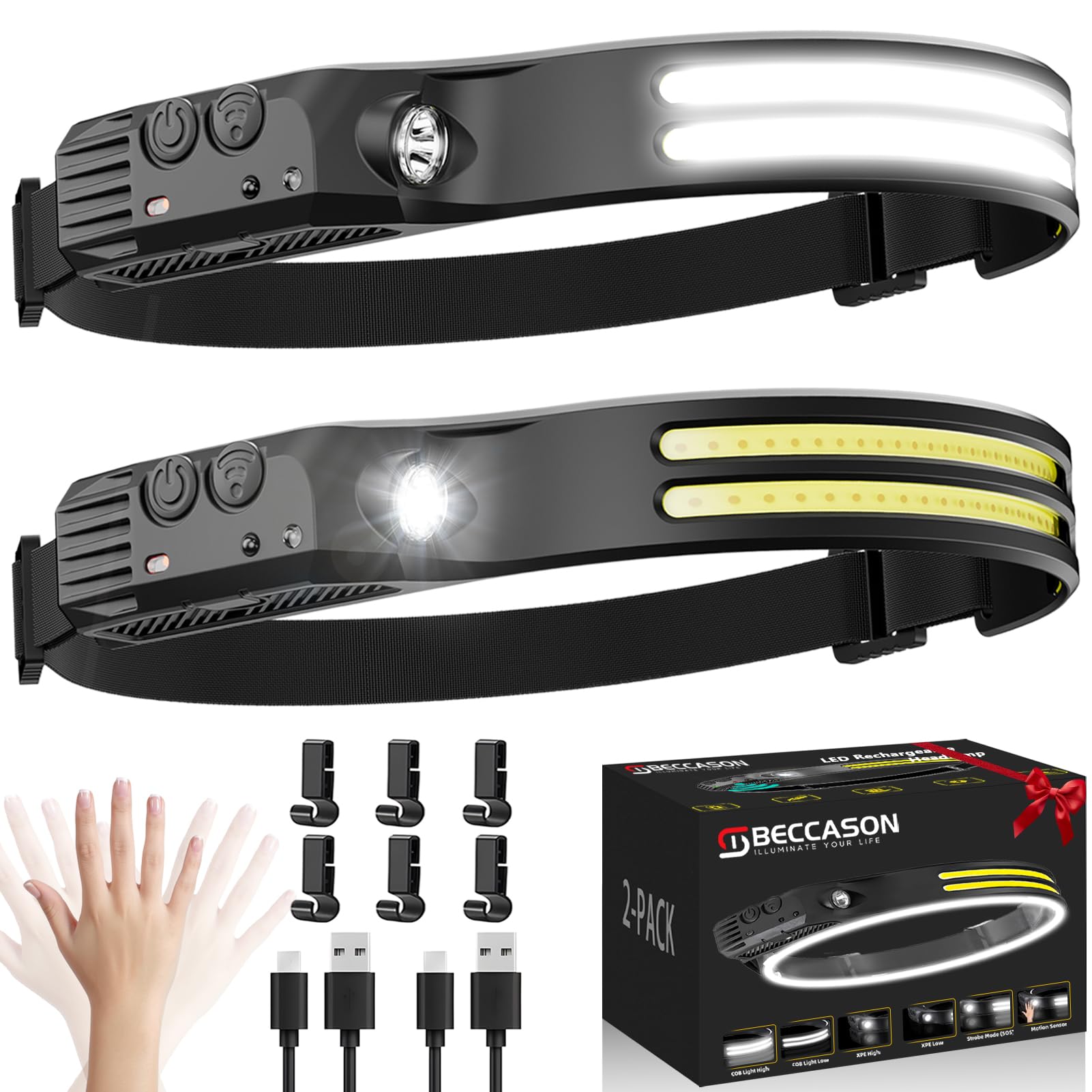 Beccason 2Pack LED Headlamp Rechargeable - 230° COB Super Bright Head Lights for Forehead, Hard hat Light for Adults, USB C Headband Flashlight for Work, Hunting, Running, Camping Essentials Gear