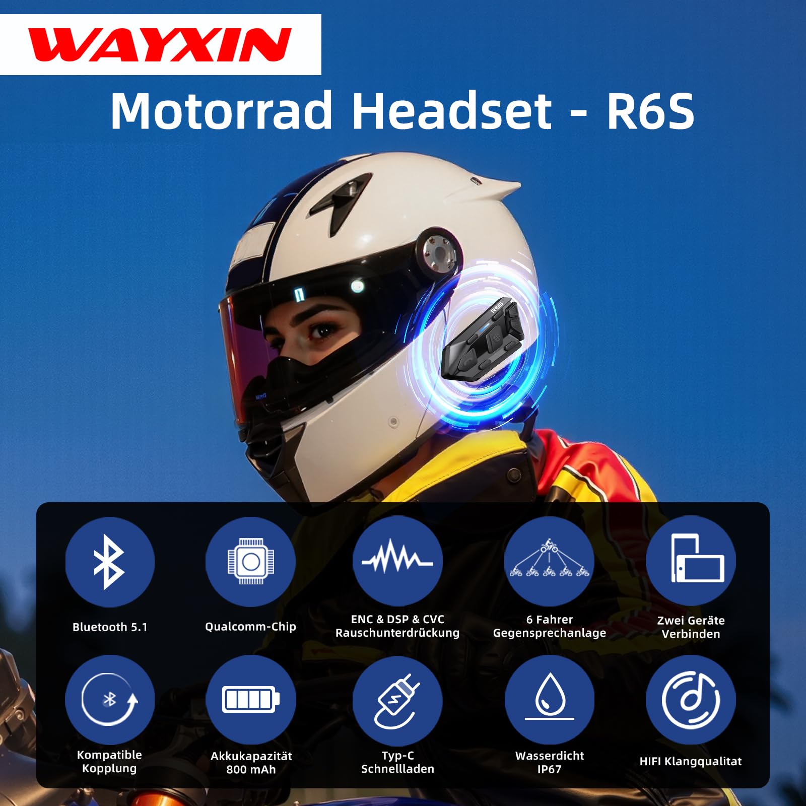 R6S interfono moto Fino a 6 Piloti, Comunicazione Bluetooth con Controllo Vocale per Interfono 2 Persone, bluetooth casco moto Cancellazione del Rumore DSP&CVC/HiFi/Impermeabile/Universale (1pc)