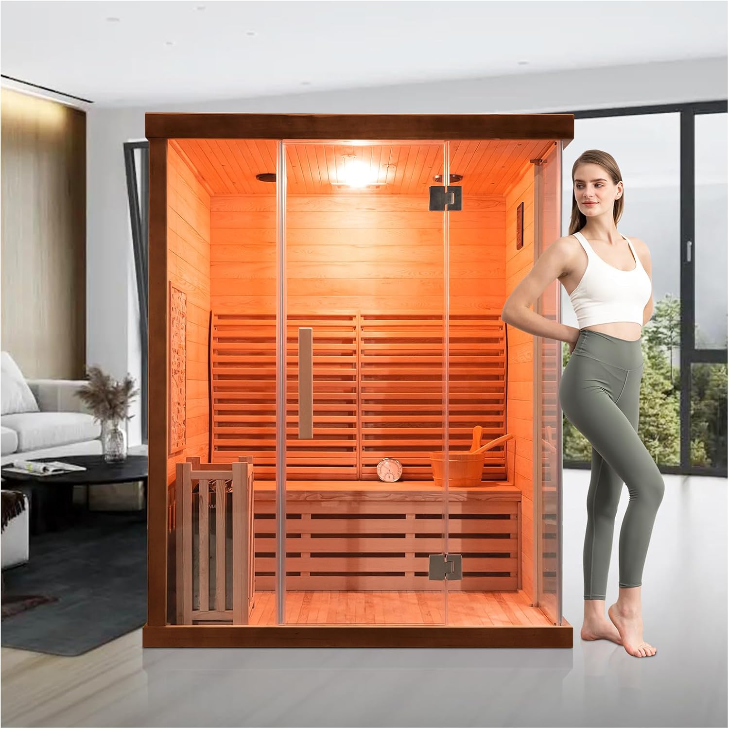 ZONEMEL 3 Person Wooden Steam Sauna Room, Canadian Red Cedar Luxurious Indoor Sona House with 6 KW Heater, WiFi Controller, Bluetooth Speaker, Wooden Bucket, Scoop, Reading Light, 220V