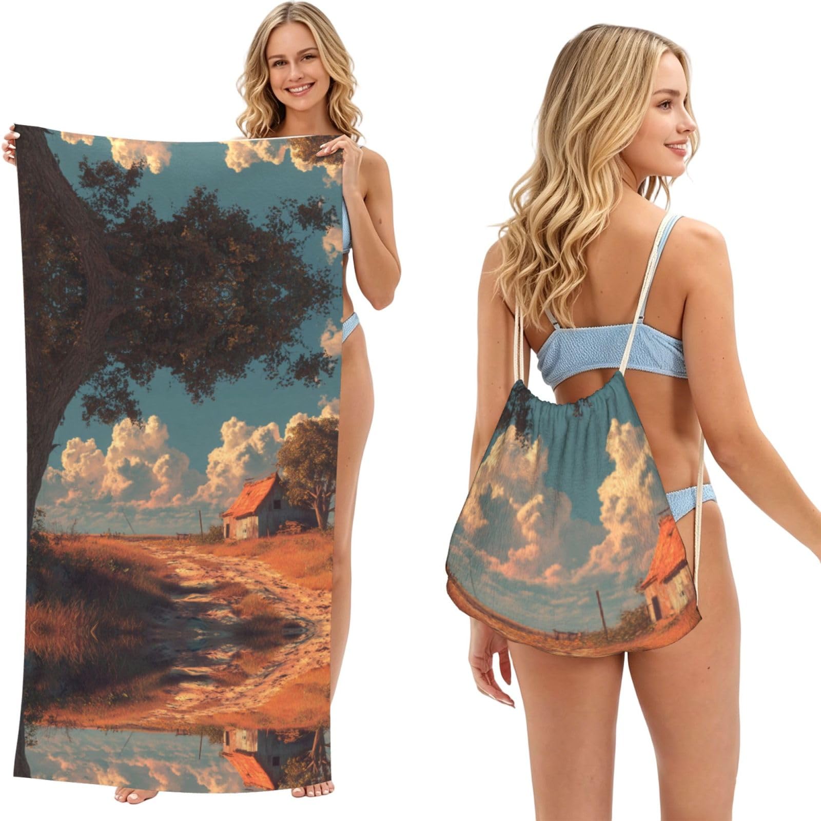 ESNAIUVCD Rural Scenery Print Beach Towel For Adults,Towel With Drawstring Bag, Travel Pool Swimming Sports Shower Sand Free Quick Dry Bath Towel For Pool, Beach, Yoga- 180x60cm