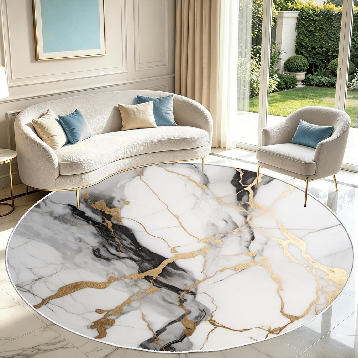 PDENZG White and Gold Round Rug,200cmAbstract Modern Luxury Fluid Agate Marble Round Area Rug, Washable Non-Slip Marble Home Decor Rugs, for Bedroom Living Room Dining Room Bedside Circle Rugs