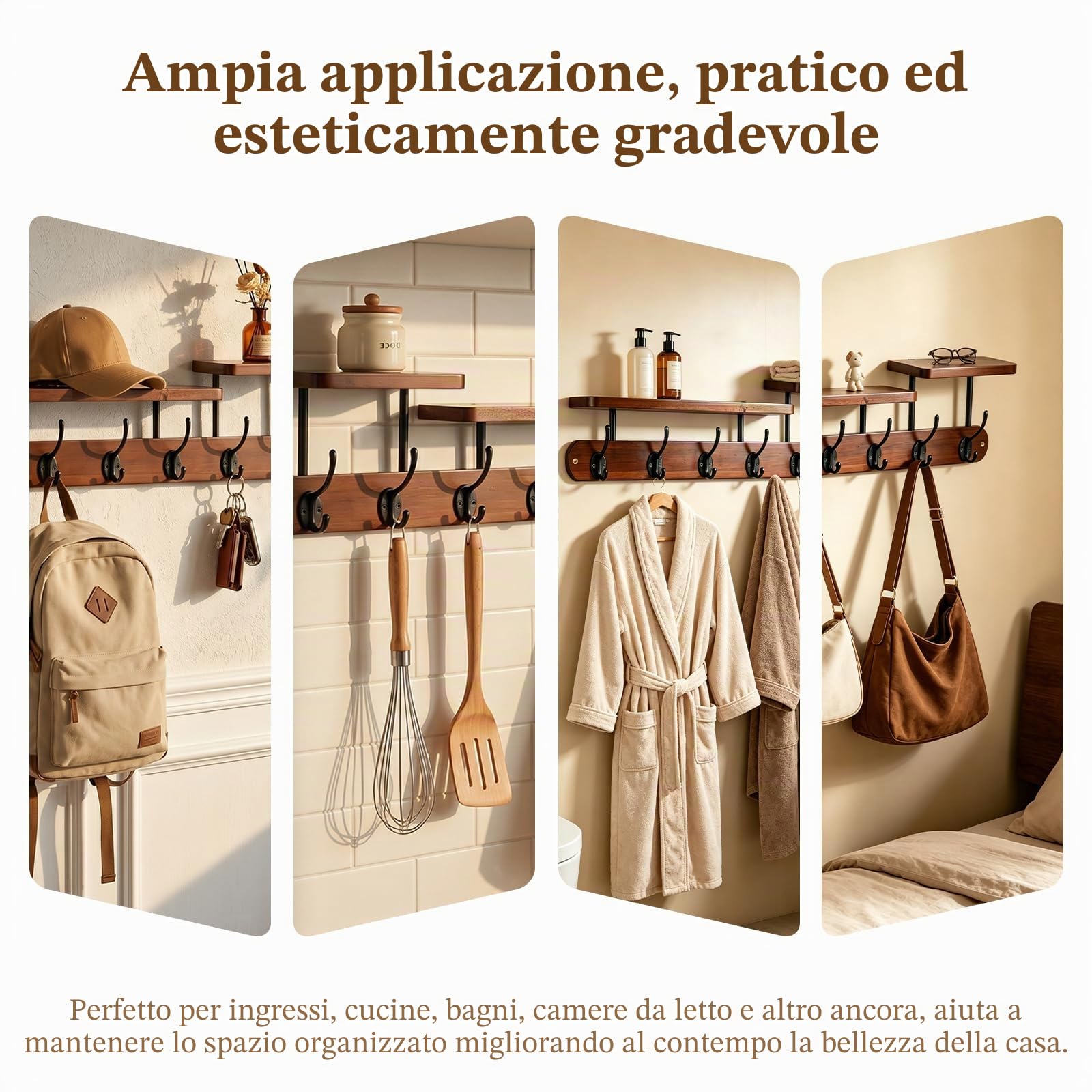 Ganci da parete in legno, attaccapanni da parete 59 * 18 cm con 6 ganci e ripiano, striscia attaccapanni in legno vintage, attaccapannis da parete per ingressi/guardaroba/camere da letto/bagno