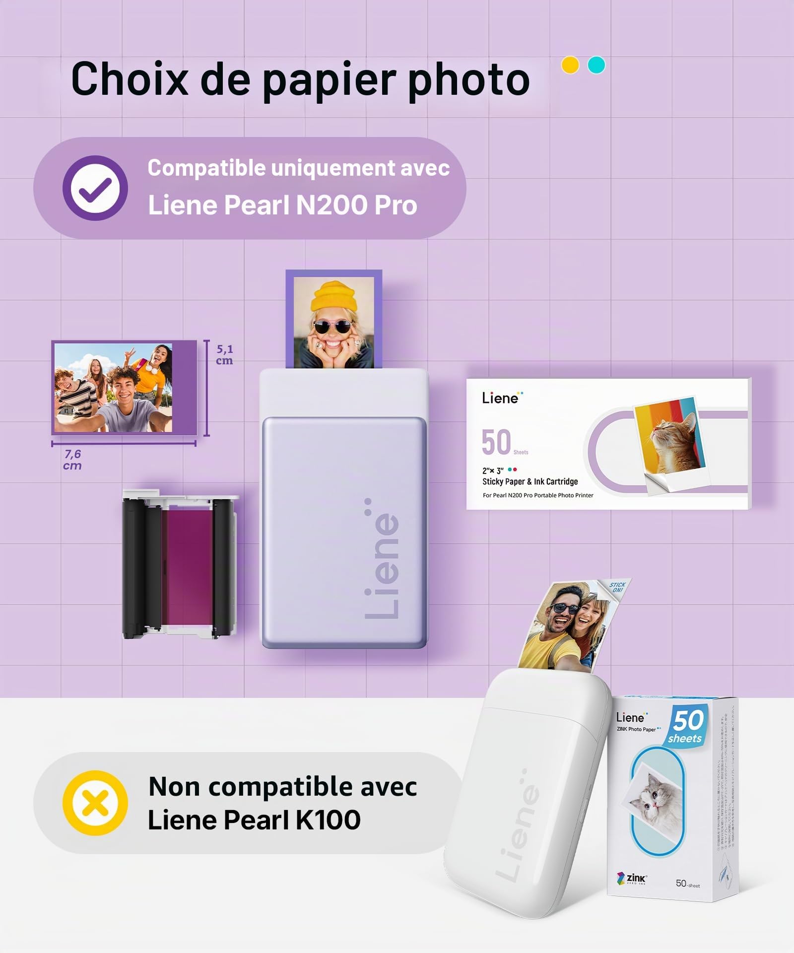 Liene Pearl N200 Pro Papier photo autocollant pour imprimante portable : 50 feuilles (5x7,6 cm) + 5 rubans. Résistant à l’eau, autocollant instantané. Pour DMP130. Idéal scrapbooking et DIY.