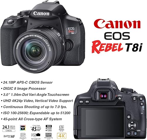 Miniatura 2 de Canon Cámara DSLR EOS Rebel T8i con EF-S 0.709-2.165 in F4-5.6 es STM Zoom Bundle + lente gran angular + lente teleobjetivo + memoria de 128 GB +