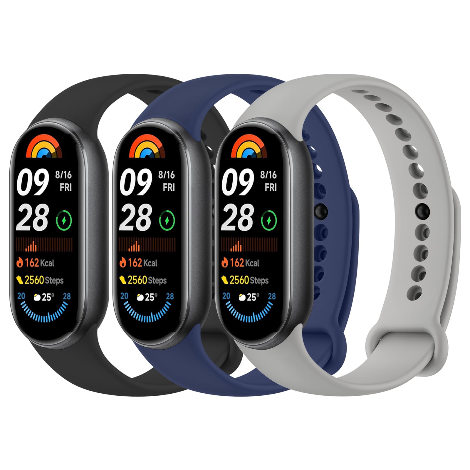 Meliya Bands Compatible with Xiaomi Smart Band 10/9/8 for Women Men, 3-Pack Soft Silicone Adjustable Sport Wrist Strap for Xiaomi Smart Band 10/9/8